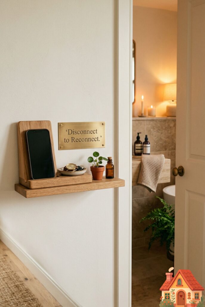A beautiful, handcrafted wooden docking station resting on a small floating shelf just outside a serene bathroom door. A beautifully engraved brass sign next to it reads 'Disconnect to Reconnect.' A smartphone is resting in the slot, left behind as the user enters the warm, softly lit bathroom sanctuary.
