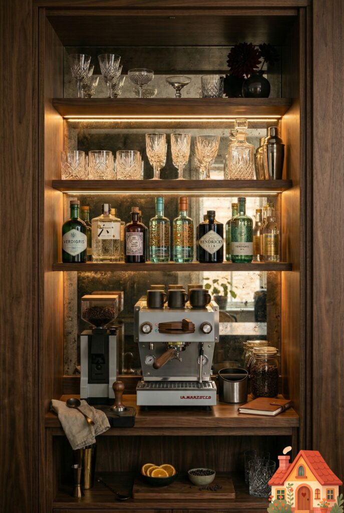 A highly curated, luxurious coffee and gin bar built into a kitchen alcove. The pocket doors are slid open to reveal dark walnut shelving lined with crystal glassware, artisan bottles, and a high-end matte silver espresso machine. An antique mirrored backsplash reflects warm, hidden LED strip lighting. Sophisticated and moody.)