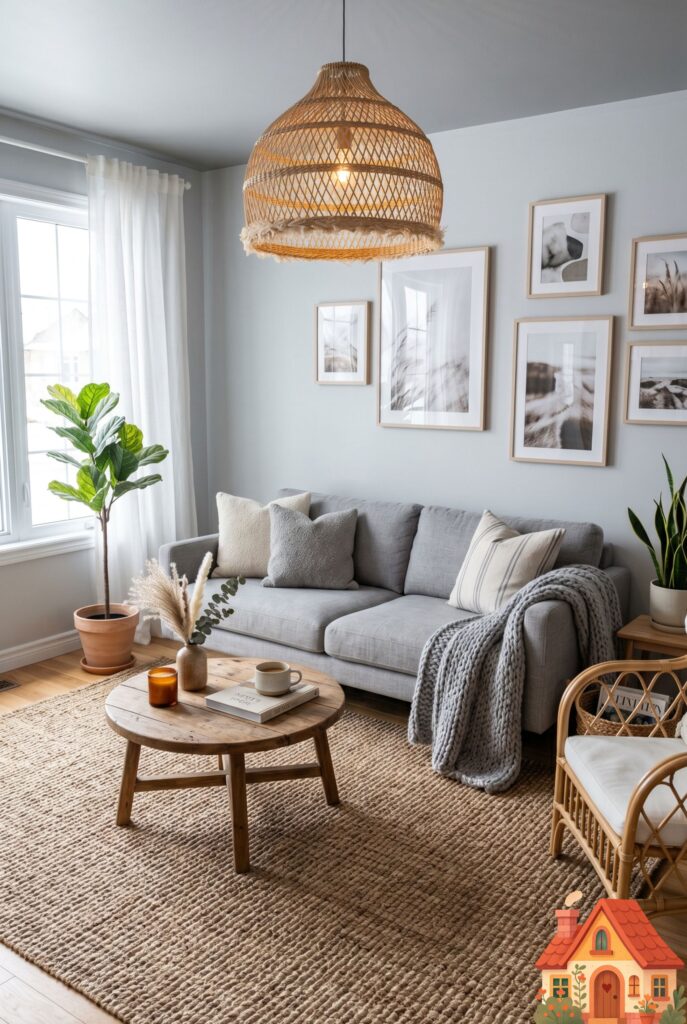 A cozy light-gray living room anchored by a large, highly textured natural woven seagrass rug. A modern gray sofa sits on top. A woven rattan pendant light hangs above. The natural fibers add incredible warmth to the cool walls. Relaxed, breezy Pinterest aesthetic.