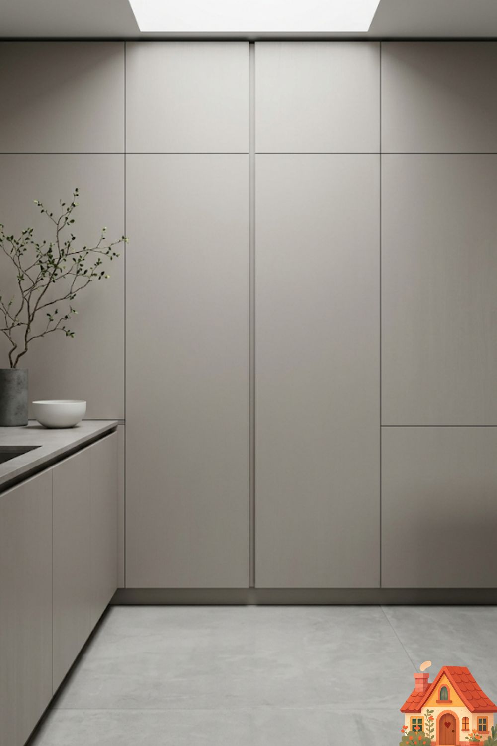 A perfectly minimalist, ultra-modern kitchen wall. The floor-to-ceiling cabinets are a smooth, matte mushroom color with absolutely zero handles, knobs, or hardware visible. The lines are razor-sharp and clean. A masterpiece of visual silence and contemporary design, beautifully lit by a skylight.