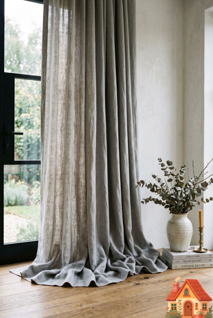 Close-up interior shot of heavy, high-quality dove-gray linen curtains. The fabric is hung high and intentionally pools softly onto a natural hardwood floor. Soft natural window light filtering through the linen. Luxurious, tactile, elegant home decor photography.