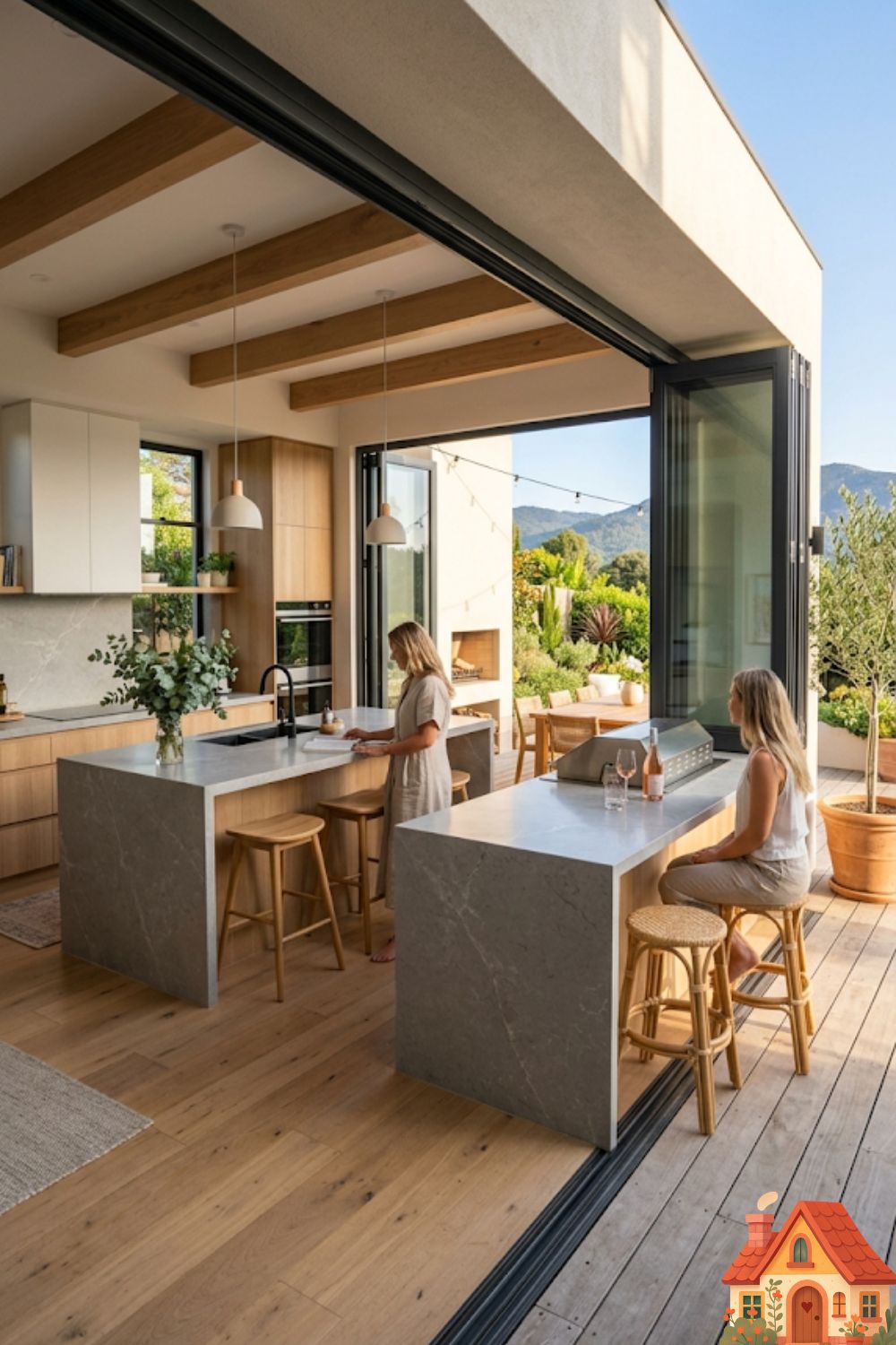 An epic kitchen with an entire wall of open bi-fold glass doors. A stunning grey quartz kitchen island extends seamlessly from the inside of the kitchen right through the open doorway to the outdoor patio. The indoor wood floor perfectly matches the outdoor decking. Sun-drenched, harmonious indoor-outdoor living.