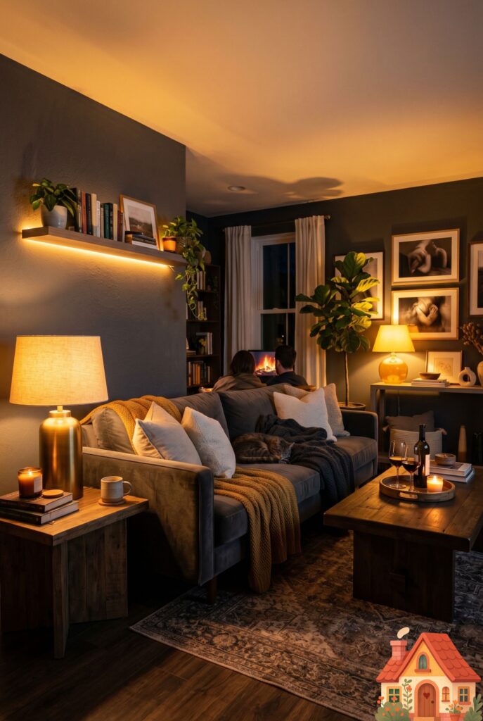 A wide shot of a cozy dark-gray living room at night. The room is illuminated entirely by strategically placed, warm amber-glowing table lamps and hidden LED strips. The gray walls reflect the golden light beautifully. Highly atmospheric, romantic evening aesthetic, photorealistic.
