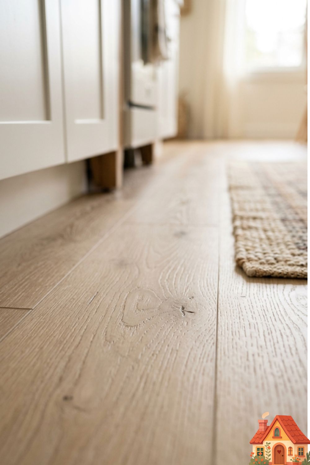 A low-angle, macro shot focusing on the kitchen floor. The flooring is wide-plank, light-toned luxury vinyl mimicking raw European oak, with incredibly realistic grain texture. In the softly blurred background, the bottom of white shaker cabinets and a cozy woven rug can be seen. Grounding and warm.