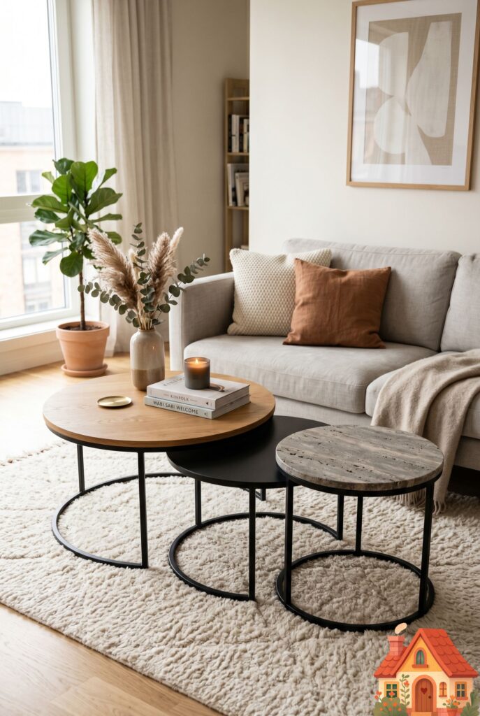 A small living room space featuring a set of three round, nesting coffee tables made of different materials: one warm wood, one matte black metal, and one textured stone. They are partially overlapping on a soft cream rug. Smart, functional, modern design, 8k.