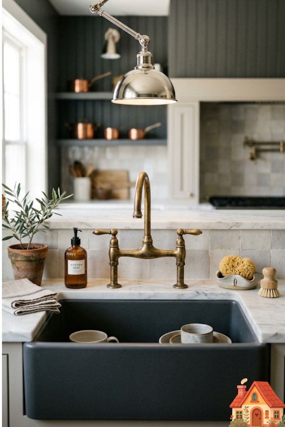 A stylish kitchen vignette focusing on a sink area. A dark, gunmetal grey farmhouse sink is paired with an elegant, unlacquered brass bridge faucet. Above, a polished nickel pendant light hangs down. The deliberate mixing of these three metals looks incredibly chic, curated, and intentionally designed.