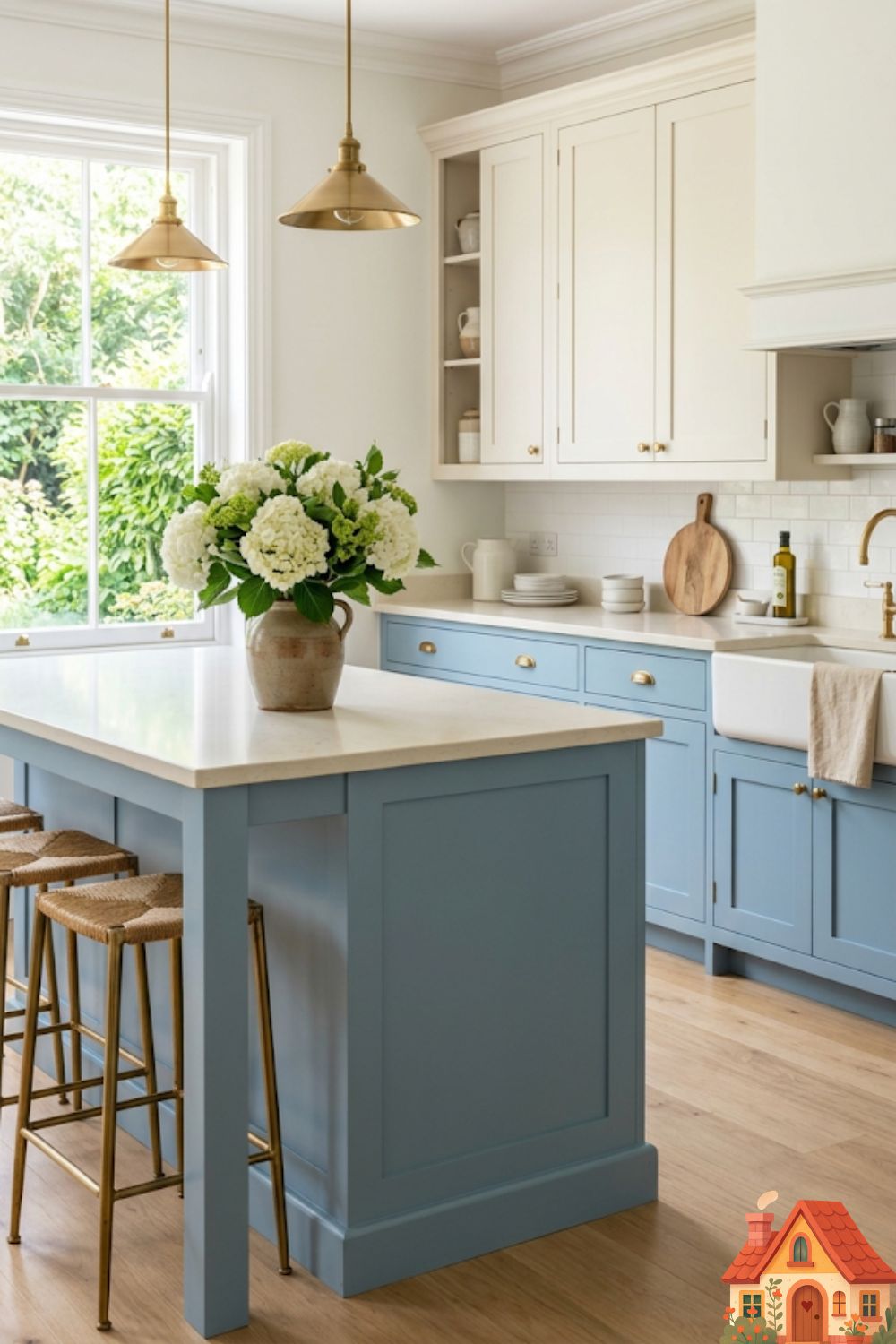 A beautiful, airy kitchen featuring lower cabinets painted in a soft, dusty Cadet Blue. The upper cabinets and the countertops are a warm, creamy porcelain white. Natural light floods the space. A vase of white hydrangeas sits on the island. The feeling is like a deep breath of fresh ocean air.