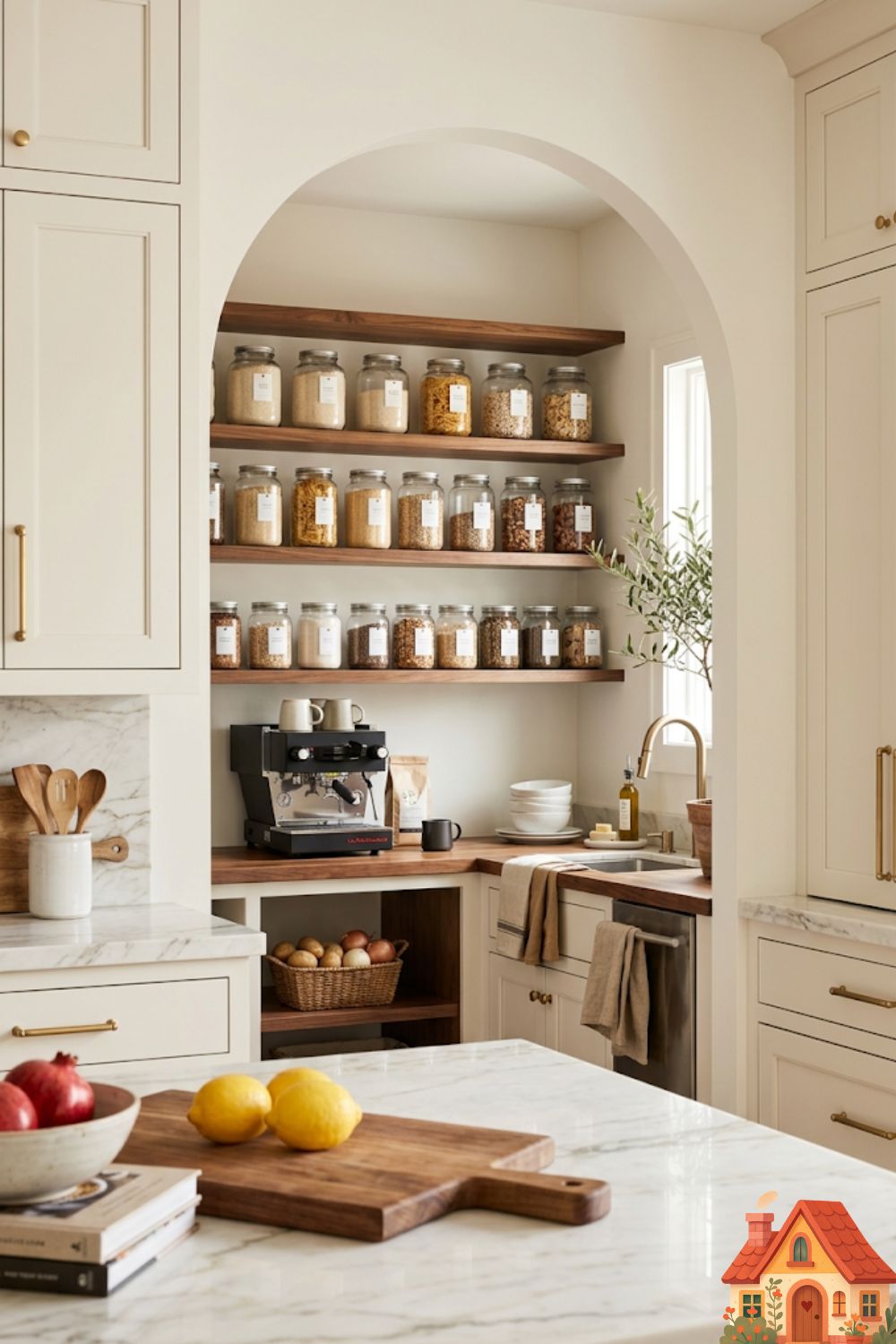 A view from a pristine, beautiful main kitchen looking through an open archway into a hidden butler's pantry (scullery). Inside the scullery, open wooden shelves are packed with beautifully organized glass jars, a secondary sink, and a coffee maker. A masterclass in home organization and luxury.