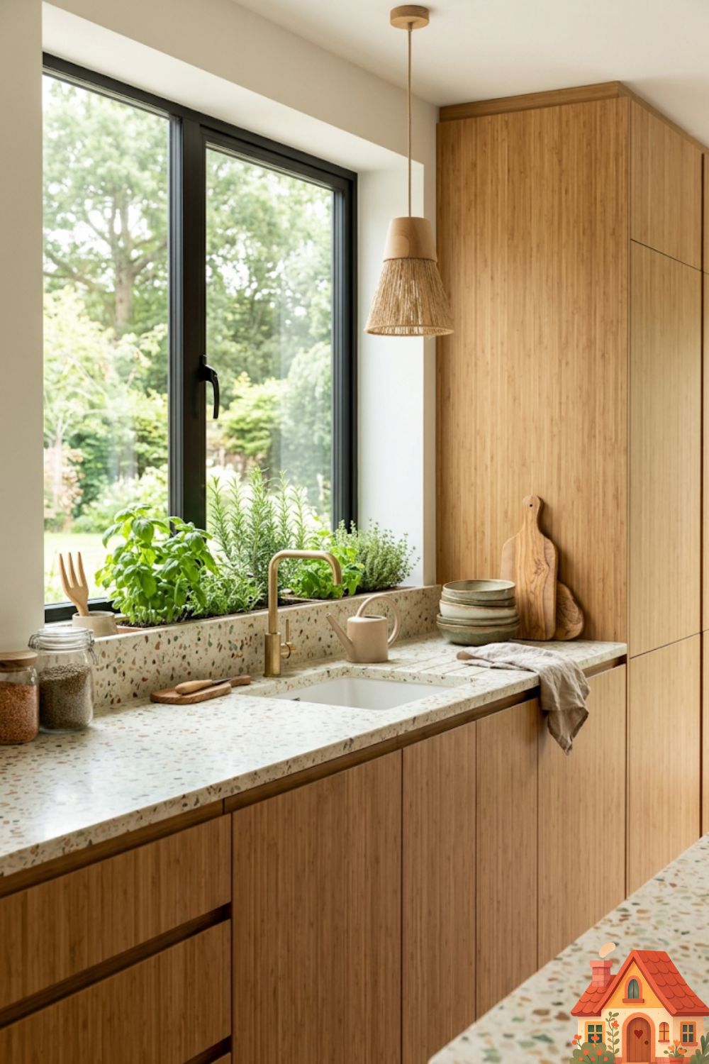 A beautiful, eco-conscious modern kitchen. The sleek cabinetry is made from beautifully pressed, sustainable bamboo with a vertical grain. The countertops are a terrazzo made from recycled glass and stone in soft earthy colors. Fresh herbs grow in a built-in planter by the window. Earth-friendly, bright, and organic.
