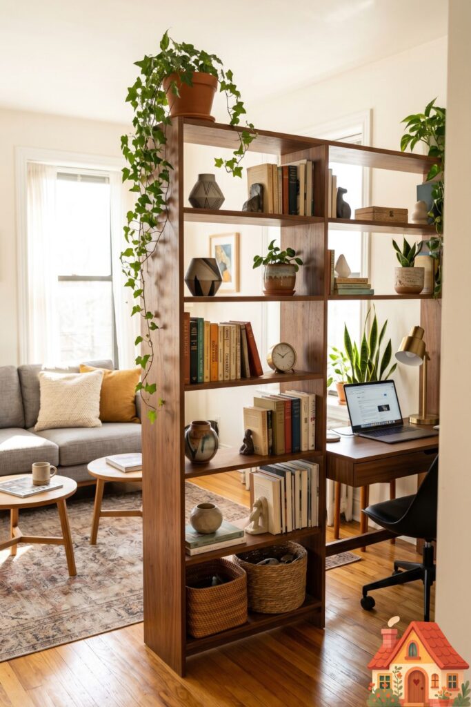 A clever apartment layout showing an open-back mid-century modern wooden bookshelf acting as a room divider. On one side, a cozy living room setup; on the other, a glimpse of a sleek workspace. The shelves are styled with ivy, pottery, and books. Bright, functional, highly aesthetic.