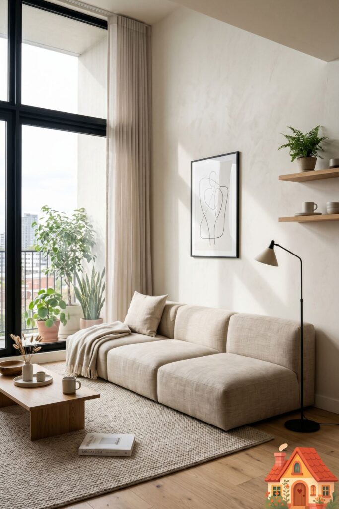 A chic, modern apartment living room featuring a low-profile, armless modular sofa in a soft oat linen fabric. The seating is incredibly close to the ground, making the room feel tall and airy. A simple minimalist floor lamp stands nearby. Clean lines, soft shadows, 8k resolution.