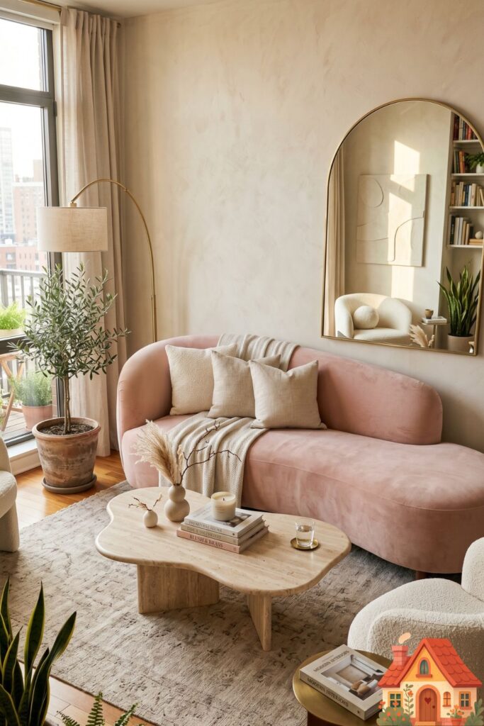  A small, sophisticated apartment living space featuring a dramatically curved, asymmetrical plush sofa in a soft blush tone. In front of it is an amoeba-shaped travertine coffee table. Soft, organic shapes, feminine and modern Pinterest trend, highly detailed.

