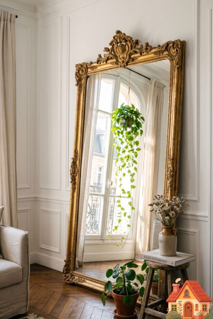 A stylish apartment corner featuring a massive, ornate antique gold floor mirror leaning casually against a crisp white wall. It reflects a bright, sunlit window and a trailing green indoor plant. High-end, romantic European apartment aesthetic, photorealistic.