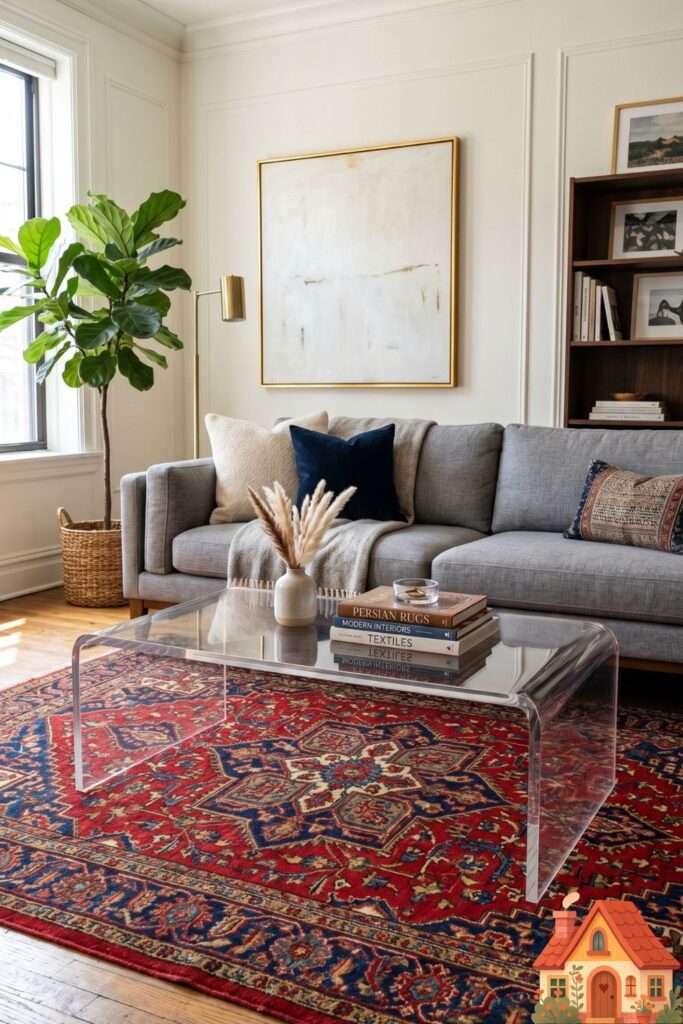 A chic living room layout featuring a thick, completely transparent acrylic waterfall coffee table resting on a vibrantly patterned vintage Persian rug. A modern gray sofa sits behind it. The table almost disappears, highlighting the textures around it. Crisp, ultra-realistic.