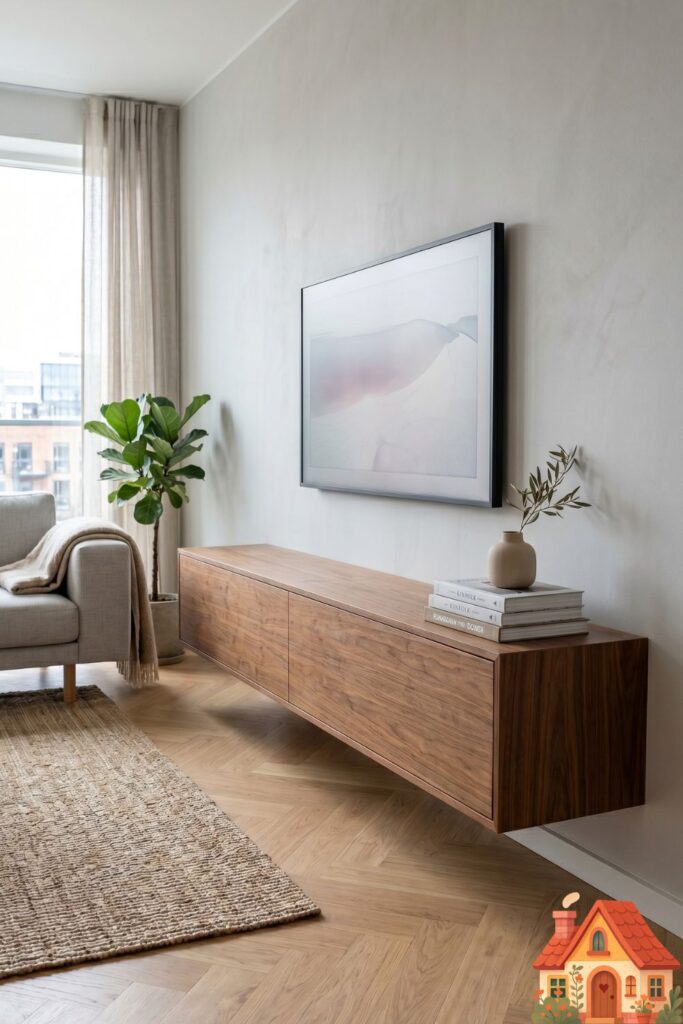 A minimalist apartment living room wall showing a sleek, floating warm-walnut wood media console mounted beneath a sleek flat-screen TV. The hardwood floor underneath is completely clear. A small stack of art books sits on the console. Modern, clean organization, architectural photography.