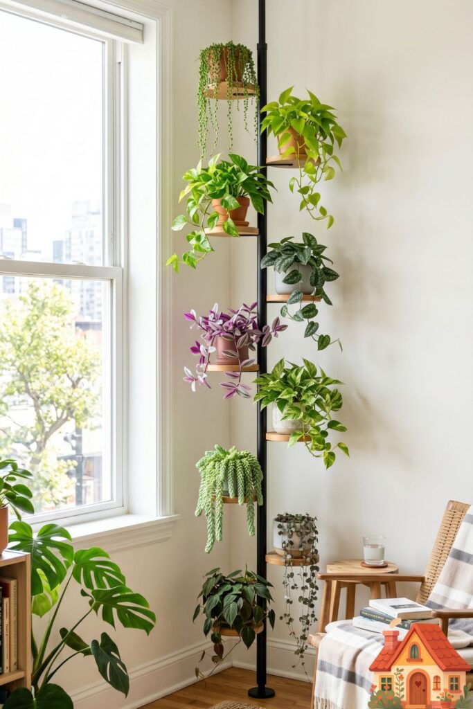 A bright apartment corner featuring a floor-to-ceiling sleek metal tension pole equipped with small wooden platforms. Each platform holds a vibrant, cascading indoor plant like pothos and string of pearls, creating a vertical jungle column. Fresh, biophilic design, sunny lighting.