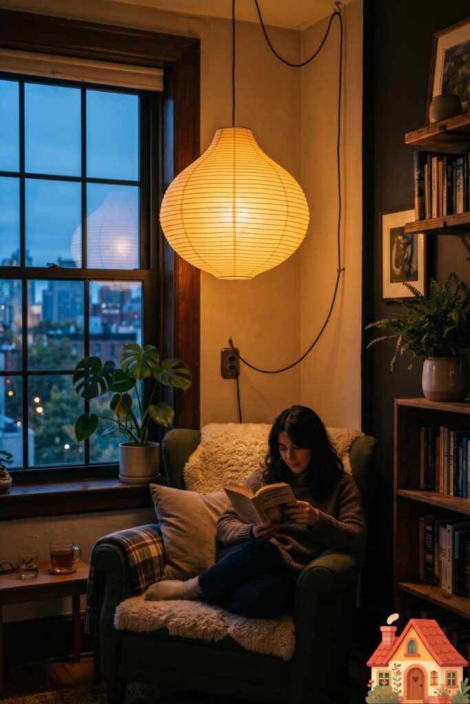 An intimate apartment living room at twilight. An oversized, organically shaped Isamu Noguchi-style paper lantern pendant hangs from the ceiling, its cord draped elegantly to a wall outlet. It casts a deeply warm, ambient golden glow over a cozy reading chair. Cinematic, moody lighting.