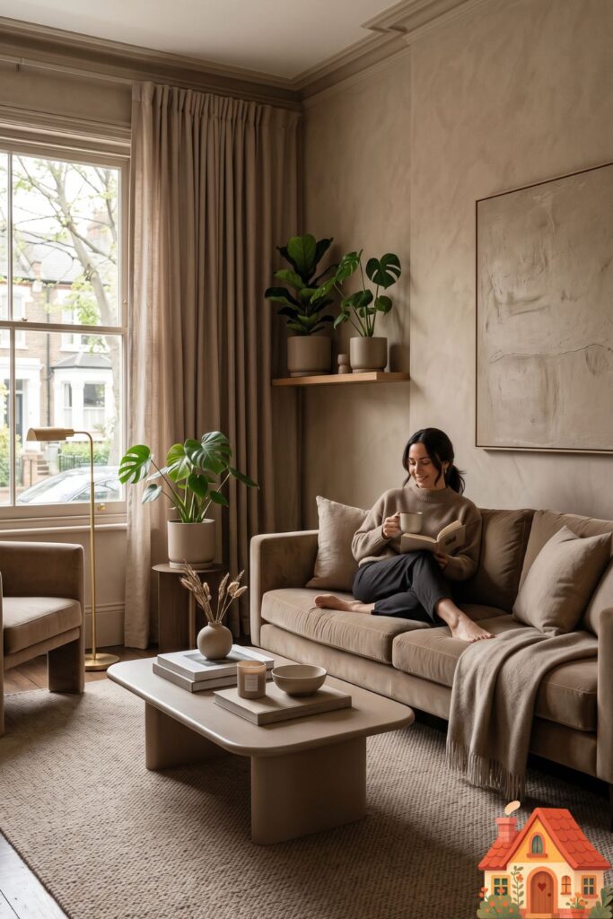  A breathtaking, perfectly color-drenched apartment living room completely styled in a warm, earthy taupe color. The walls, the linen curtains, the velvet sofa, and the wool rug are all the exact same harmonious shade. Incredibly soothing, high-end editorial minimalist aesthetic.