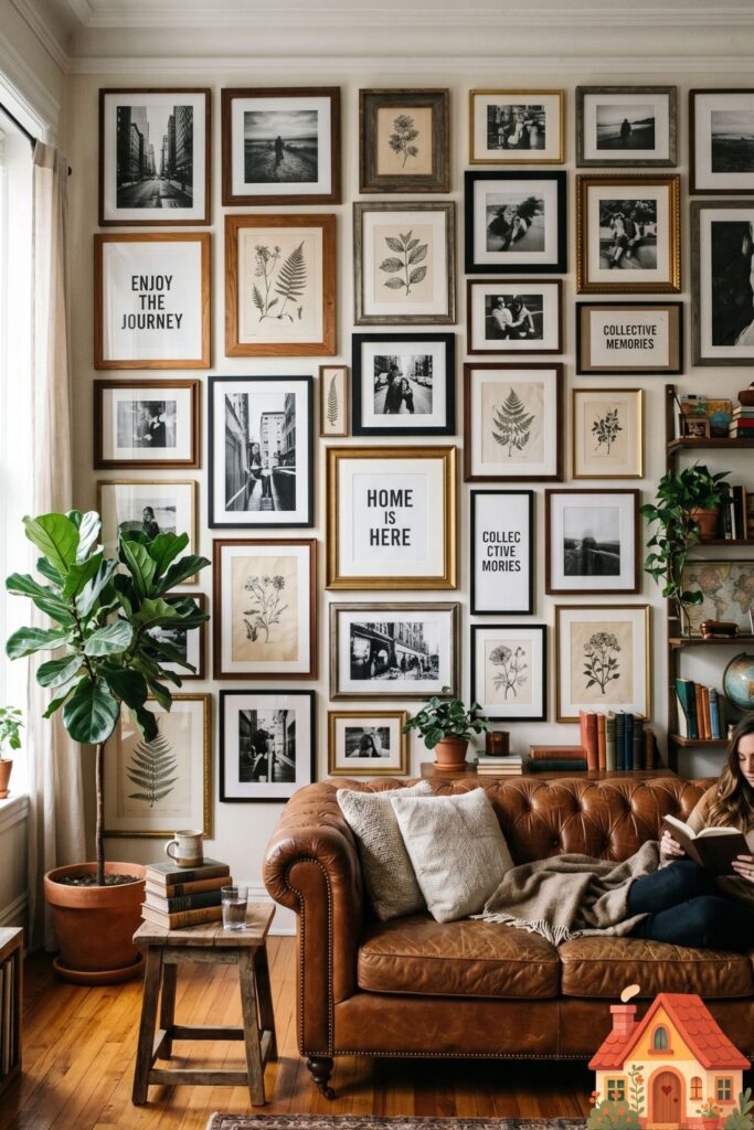  A dramatic apartment living room wall covered entirely from floor to ceiling in a perfectly curated gallery wall. The frames are mismatched woods and metals, containing black-and-white photography, botanical sketches, and typography. A leather sofa sits below. Eclectic, highly personalized, cozy.