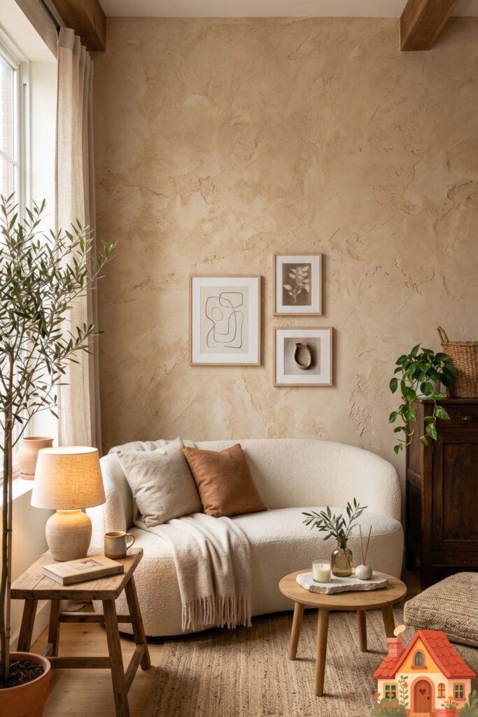 Editorial interior photography of a small, cozy apartment living room. The feature wall is covered in a highly realistic, textured peel-and-stick wallpaper mimicking warm, sandy limewash plaster. A low-profile curved cream sofa sits in front. Warm natural light, highly detailed textures, serene wabi-sabi Pinterest aesthetic.