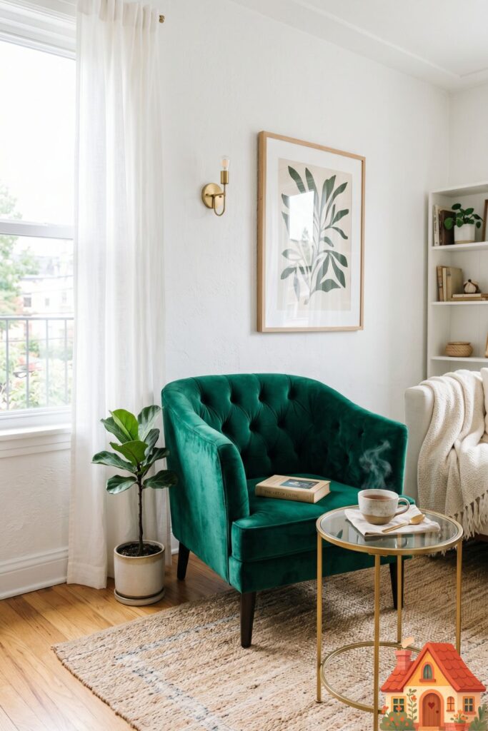 A bright, white-walled apartment living room featuring a single, stunning jewel-toned emerald green velvet accent chair. It sits next to a small brass side table holding a steaming cup of tea. Luxurious texture contrast, vibrant pop of color, photorealistic Pinterest decor.