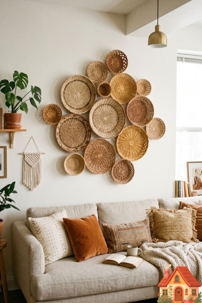 The space above a modern apartment sofa decorated with an asymmetrical, overlapping cluster of handwoven seagrass and rattan wall baskets in varying sizes and natural earth tones. Organic, highly textured, warm bohemian aesthetic, soft interior lighting.