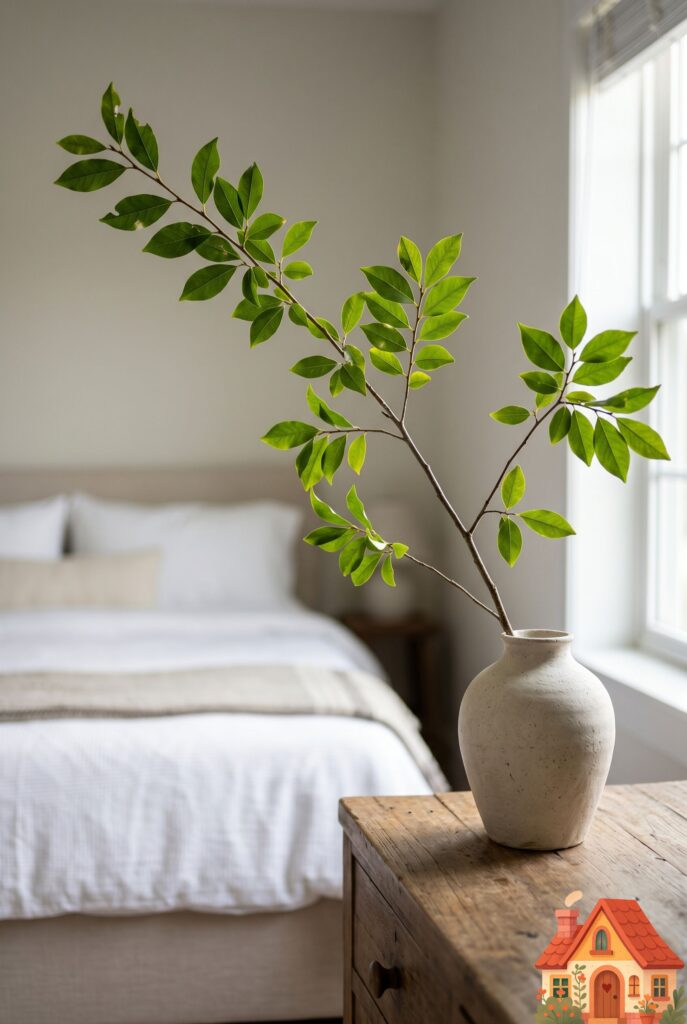 A minimalist ceramic vase resting on a guest room dresser, holding a single, dramatic, asymmetrical branch with vibrant green leaves. The background is a soft, out-of-focus bed. Organic, wabi-sabi floral arrangement, bringing the outdoors in, 8k resolution.