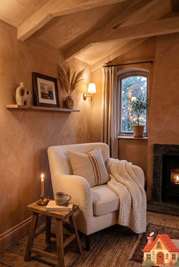 A deeply cozy, compact living room completely color-drenched in a warm, textured terracotta-beige limewash plaster. The walls, ceiling, and trim all blend seamlessly. A plush cream accent chair provides contrast. Wabi-sabi elegance, highly textured, inviting evening lighting.