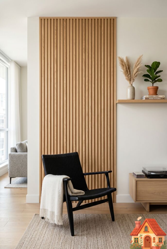 An apartment living room wall featuring a beautiful, modern accent section of vertical light-oak fluted acoustic wood panels. A sleek black modern chair sits in front. The texture of the wood slats adds high-end architectural interest. Bright, professional lighting, 8k.