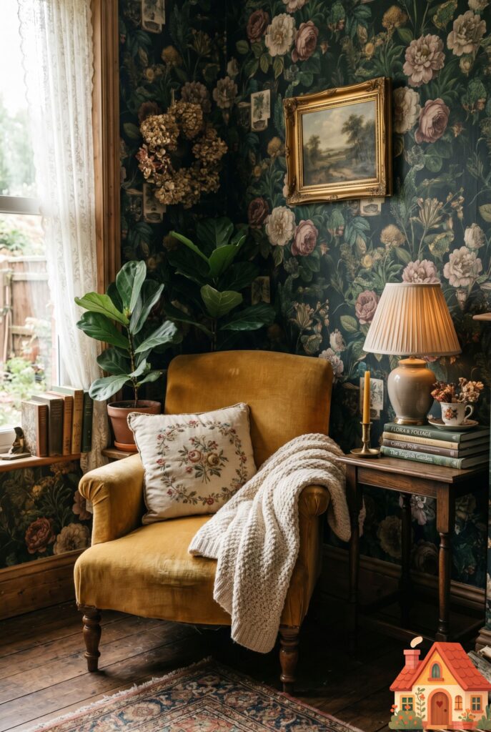 A cozy living room corner showcasing a dramatic feature wall covered in dark, moody, oversized cottagecore floral wallpaper in deep greens and muted roses. A vintage velvet mustard-yellow chair sits proudly in front. Romantic, heavily textured, English countryside aesthetic.