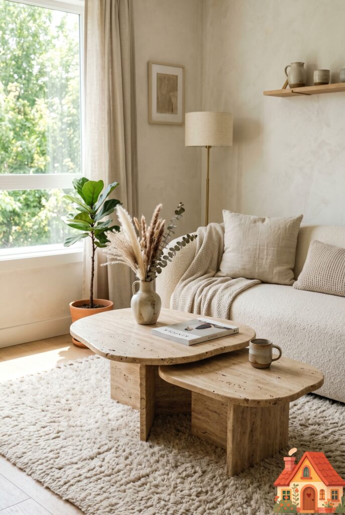 A chic compact living room featuring two asymmetrical, organically shaped nesting coffee tables made of warm, porous travertine stone. They overlap slightly on a plush wool rug. Modern wabi-sabi design, highly tactile textures, bright natural light