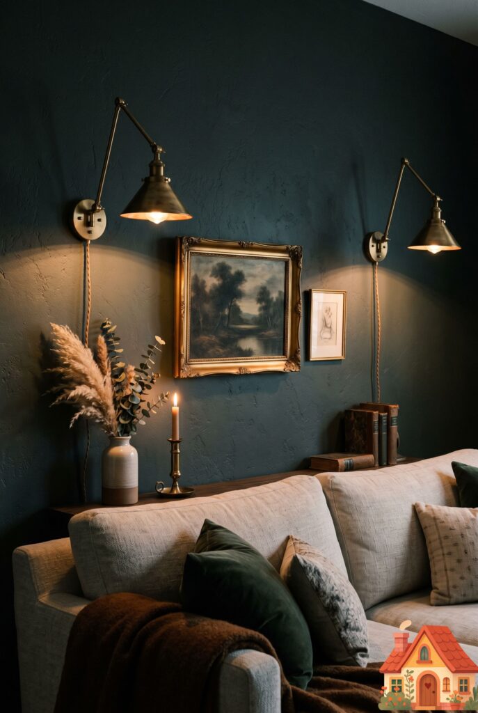 A close-up of a cozy living room wall behind a linen sofa. Two elegant, articulating unlacquered brass wall sconces are mounted on the textured wall, casting a warm, downward V-shaped glow. High-end architectural detail, moody and deeply romantic lighting.