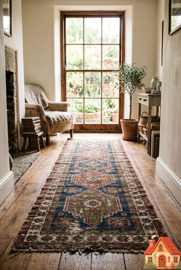 A low-angle shot of a narrow living room floor featuring a long, beautifully distressed vintage Turkish runner rug in muted indigos and terracottas. The rug stretches toward a bright window, visually elongating the space. Lived-in, soulful aesthetic, highly detailed.