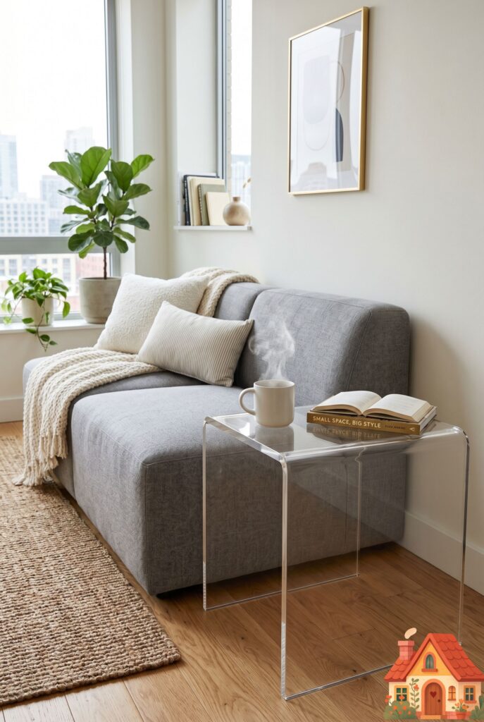 A stylish, small living room setup featuring a completely transparent, thick acrylic waterfall side table sitting next to a soft gray sofa. A steaming cup of tea and a book float beautifully on the clear surface. Crisp, modern, ultra-realistic space-saving design.