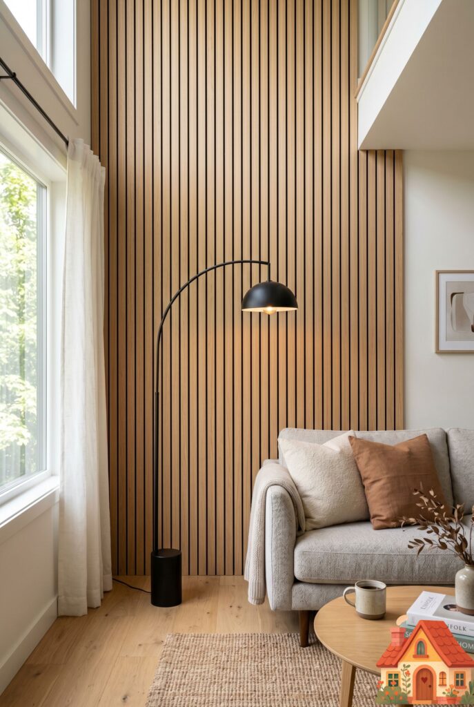 A small living room feature wall covered in sleek, vertical light-oak acoustic wood slat paneling. A minimalist black iron floor lamp stands elegantly in front of it. The vertical lines add incredible height to the room. Scandinavian modern design, bright professional lighting.