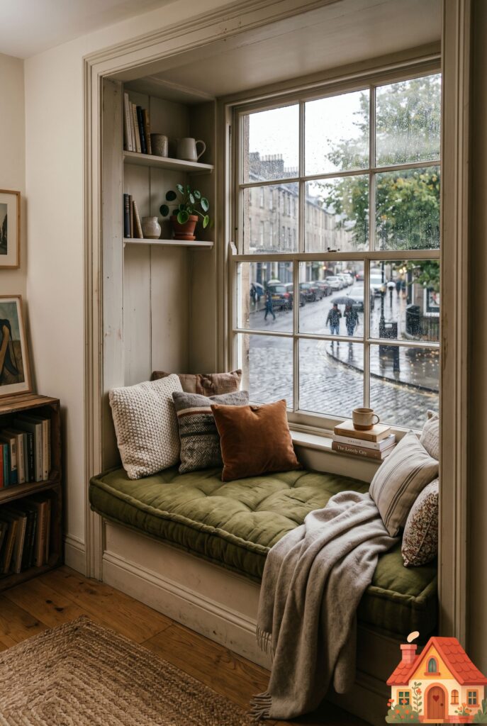 A compact living room showing a custom built-in window seat nestled into an alcove. It features a thick, French-tufted linen cushion in olive green, piled with textured throw pillows. A view of a rainy street outside. Deeply emotional, cozy, architectural photography.