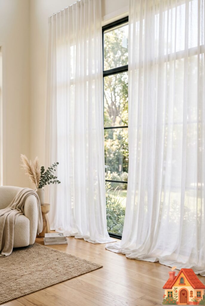 A living room window dressed in ultra-long, sheer white linen curtains hung from the very top of the ceiling, pooling softly onto a hardwood floor. Sunlight softly diffuses through the fabric. Airy, expansive, romantic luxury, 8k resolution.