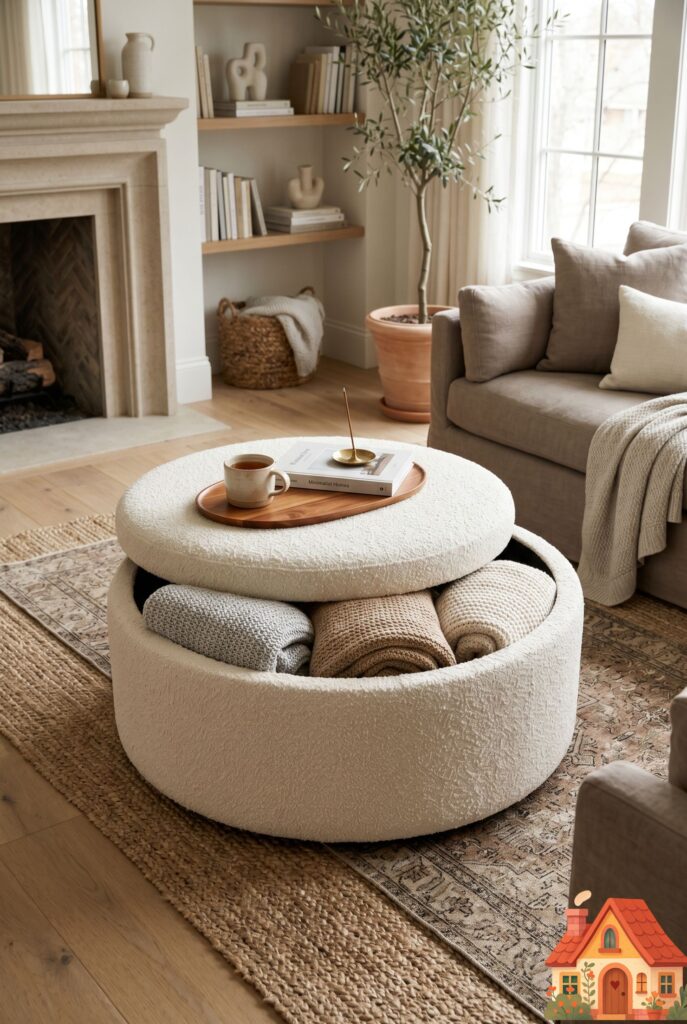 A chic living room center featuring a large, round storage ottoman upholstered in a soft, nubby cream bouclé fabric. The lid is slightly ajar, revealing neatly folded chunky knit throw blankets inside. Functional, high-end design, inviting textures.