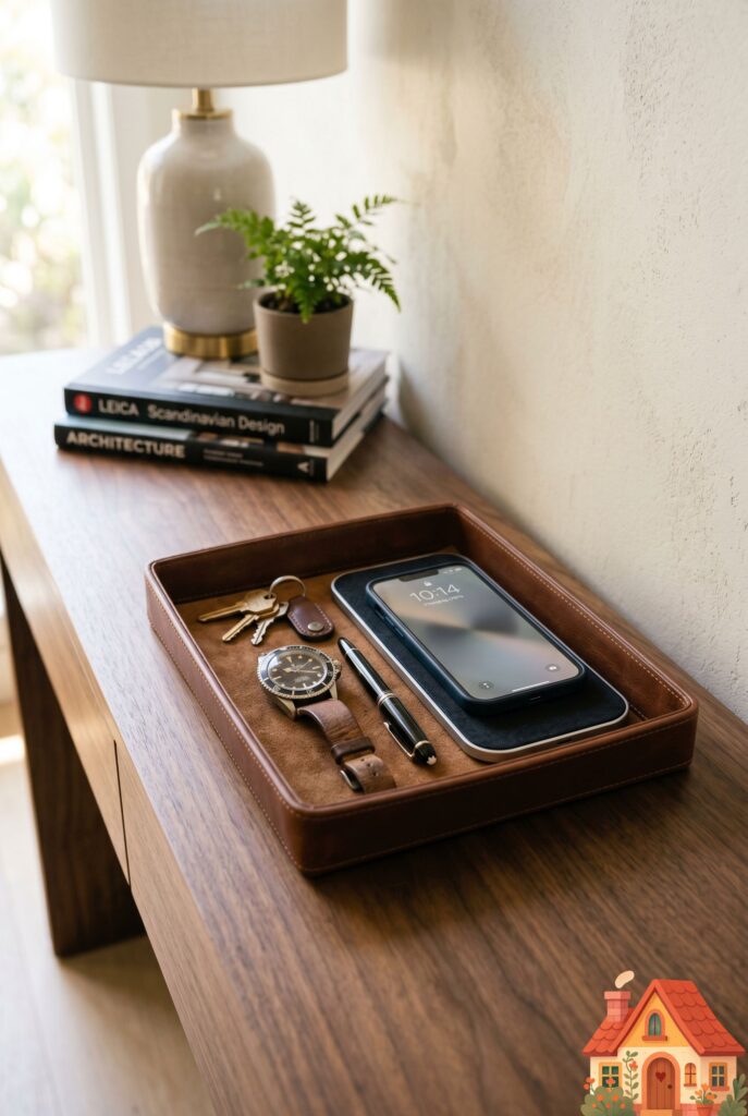 A sophisticated leather valet tray sitting on a sleek wooden console table. Inside the tray is a modern, wireless charging pad with a smartphone resting on it, alongside a vintage watch. Neatly organized, high-end lifestyle detail, soft directional lighting.