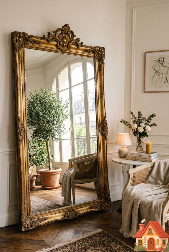 A compact living room corner anchored by an oversized, heavy, ornate vintage gold floor mirror leaning casually against a white wall. It reflects a lush indoor olive tree and a sunlit window. Parisian chic aesthetic, expansive and romantic.