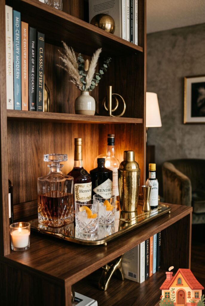  A close-up of a single shelf on a mid-century modern wooden bookshelf that has been styled as a sophisticated mini-bar. A vintage mirrored tray holds crystal glassware, a brass cocktail shaker, and a few elegant bottles. Moody, classy, highly detailed lifestyle photography.
