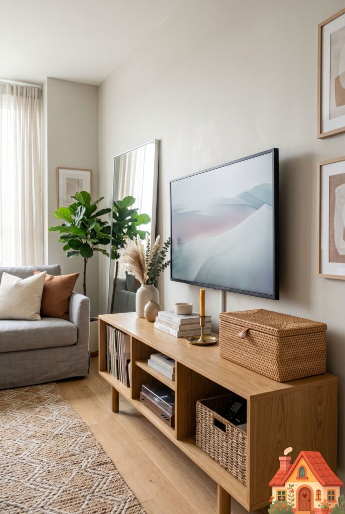A beautifully styled media console in an apartment. Next to the TV sits a chic, tightly woven rattan box with a lid, seamlessly hiding all the messy router cables and power strips. The surface is perfectly clean and organized. Highly functional aesthetic, clean lines.