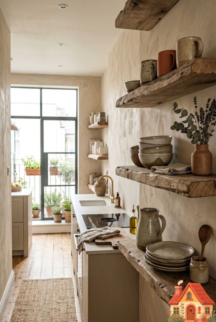 Editorial interior photography of a small, narrow 2026 kitchen. One wall features chunky, raw-edge wabi-sabi floating wooden shelves displaying a few handmade, imperfect ceramic mugs and bowls in earthy tones. Soft, diffused natural light. Minimalist, calming Pinterest aesthetic, 8k resolution.