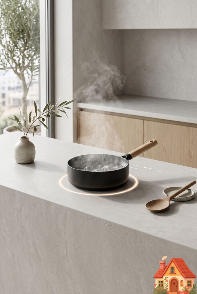 A hyper-minimalist small kitchen counter. A sleek, continuous slab of light gray porcelain countertop. A pan is boiling water directly on the stone surface via an invisible, integrated induction cooktop beneath it. Futuristic yet organic, clean and uncluttered.