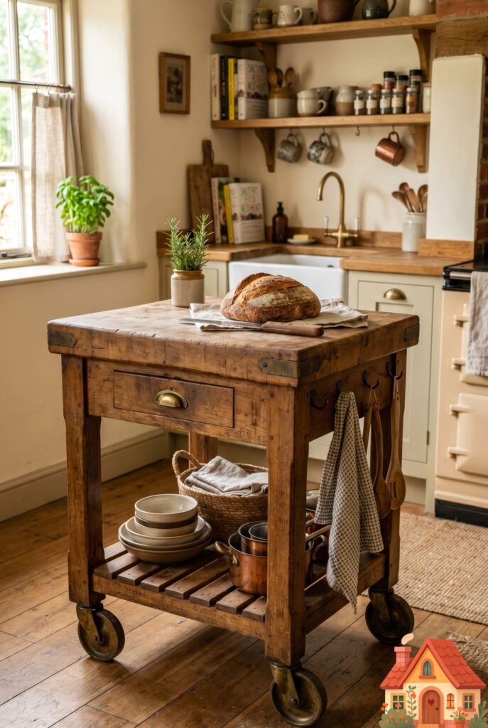 A cozy small kitchen featuring a compact, beautifully aged butcher-block kitchen cart on heavy vintage brass wheels resting in the center of the room. A fresh loaf of bread and a knife sit on top. Highly functional, warm wood tones, photorealistic Pinterest pin.