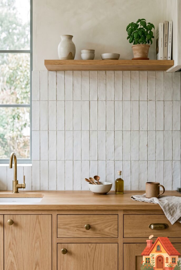 A kitchen backsplash made of matte white, textured handmade tiles stacked perfectly vertically in straight columns. Unlacquered brass hardware on the cabinets below. The vertical lines draw the eye upward. Crisp, modern, minimalist wabi-sabi design.