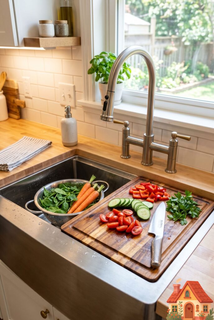 A close up of a deep, single-basin stainless steel workstation sink in a small kitchen. A custom wooden cutting board rests perfectly on the built-in ledge of the sink, with fresh vegetables being prepped. Highly efficient space-saving design, top-tier lighting.