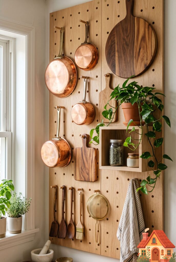 A small kitchen wall completely covered in a custom-milled light oak wooden pegboard. It is styled beautifully with hanging copper pans, wooden cutting boards, and a small trailing plant on a modular shelf. Highly organized, warm minimalist aesthetic, 8k.