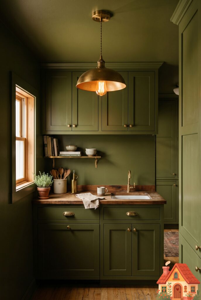 A tiny, dramatic kitchen where the cabinets, walls, and ceiling are all painted the exact same shade of deep, rich olive green. A warm brass pendant light hangs in the center, creating a protective, intimate, and highly sophisticated cocoon.