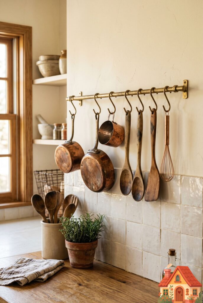 A small, sunlit kitchen wall featuring a slender, unlacquered brass rail mounted above a backsplash. Hanging from the brass S-hooks are an array of beautifully aged copper pots and wooden utensils. Classic, warm, heavily textured Pinterest decor.